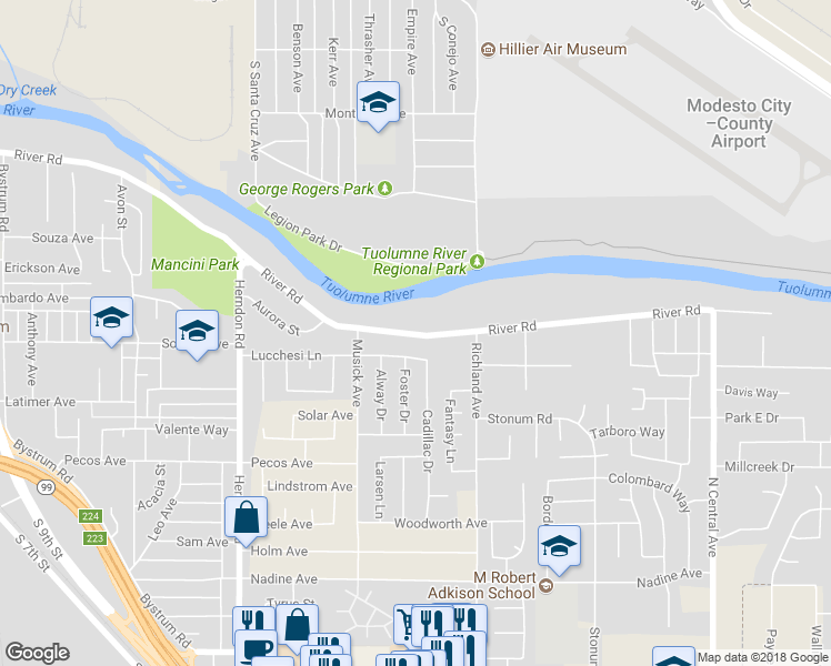 map of restaurants, bars, coffee shops, grocery stores, and more near 1613 River Road in Modesto