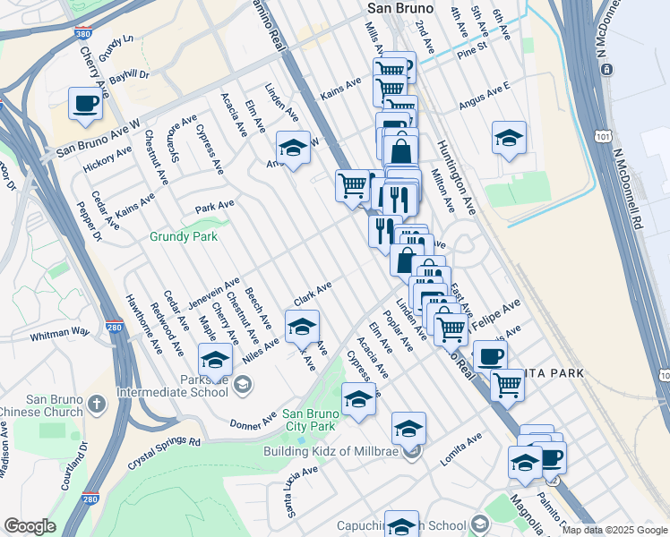 map of restaurants, bars, coffee shops, grocery stores, and more near 421 Elm Avenue in San Bruno