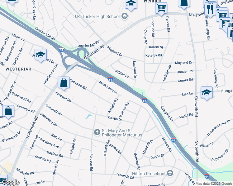 map of restaurants, bars, coffee shops, grocery stores, and more near 8303 Mark Lawn Drive in Henrico