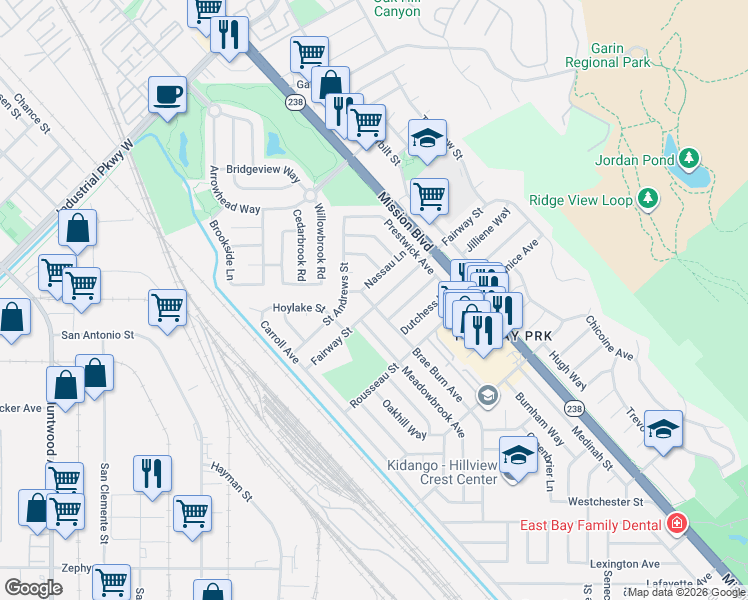 map of restaurants, bars, coffee shops, grocery stores, and more near 274 Fairway Street in Hayward