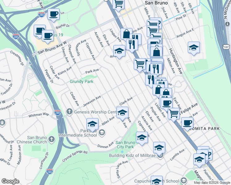 map of restaurants, bars, coffee shops, grocery stores, and more near 476 Hazel Avenue in San Bruno
