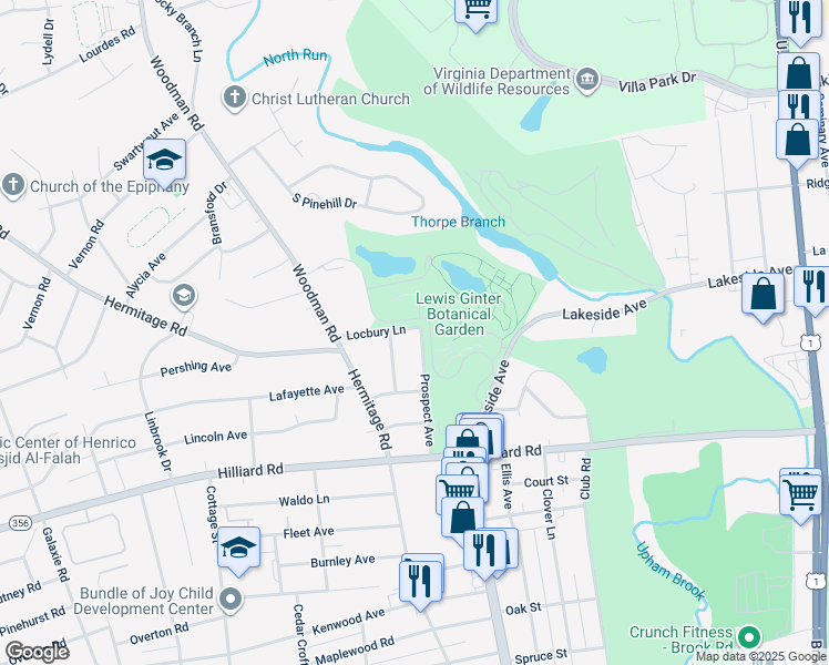 map of restaurants, bars, coffee shops, grocery stores, and more near 7218 Prospect Avenue in Richmond
