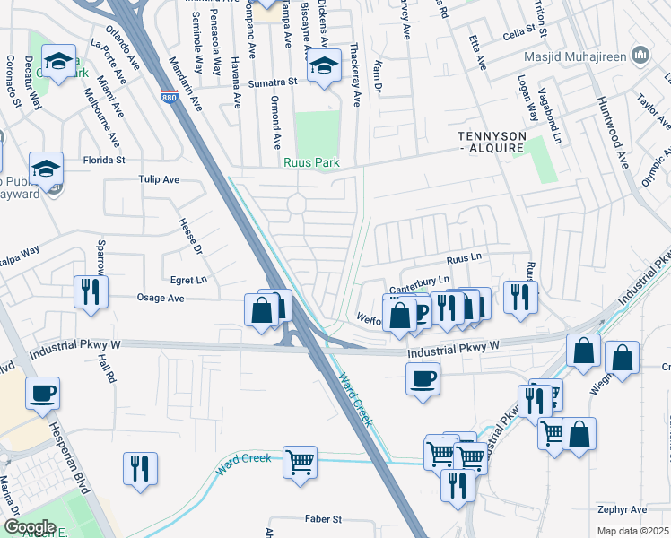 map of restaurants, bars, coffee shops, grocery stores, and more near 28842 Miranda Street in Hayward
