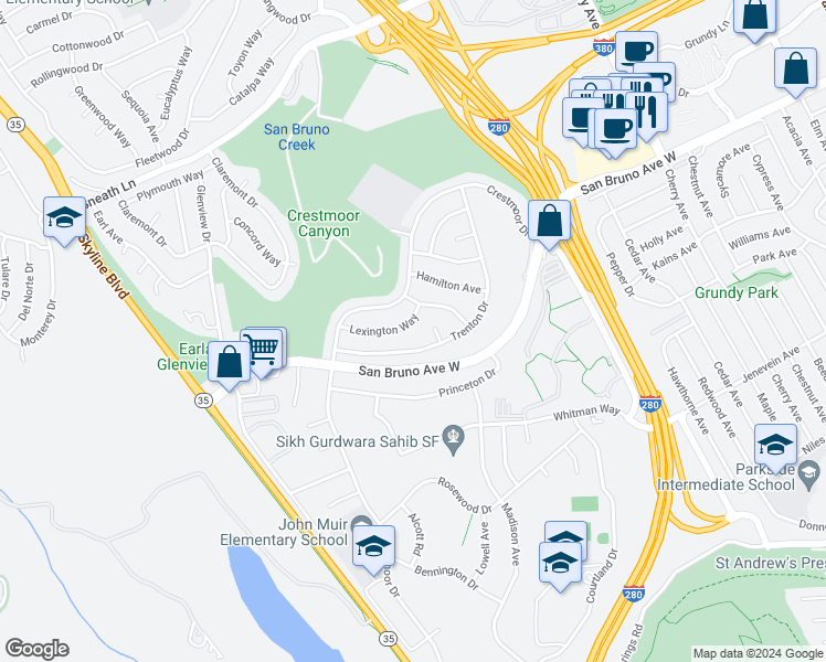 map of restaurants, bars, coffee shops, grocery stores, and more near 2445 Lexington Way in San Bruno