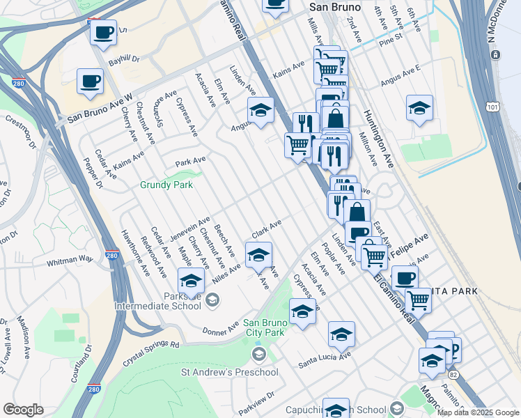 map of restaurants, bars, coffee shops, grocery stores, and more near 460 Cypress Avenue in San Bruno