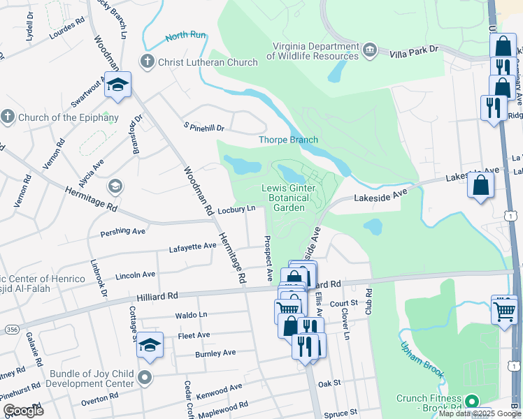 map of restaurants, bars, coffee shops, grocery stores, and more near 7218 Prospect Avenue in Richmond