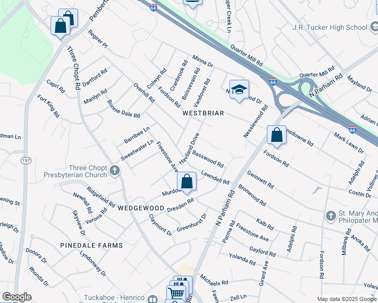 map of restaurants, bars, coffee shops, grocery stores, and more near 2106 Haviland Drive in Henrico