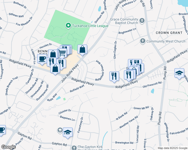 map of restaurants, bars, coffee shops, grocery stores, and more near 10417 Flat Branch Drive in Richmond