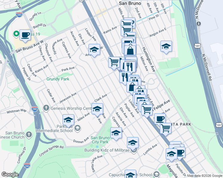 map of restaurants, bars, coffee shops, grocery stores, and more near 372 Elm Avenue in San Bruno