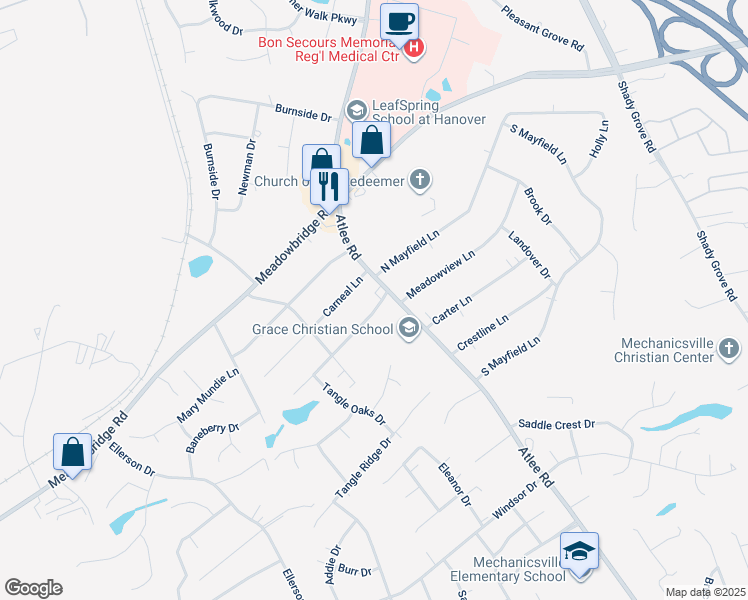 map of restaurants, bars, coffee shops, grocery stores, and more near 8107 Atlee Road in Mechanicsville