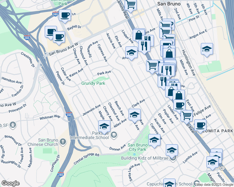 map of restaurants, bars, coffee shops, grocery stores, and more near 1304 Jenevein Avenue in San Bruno