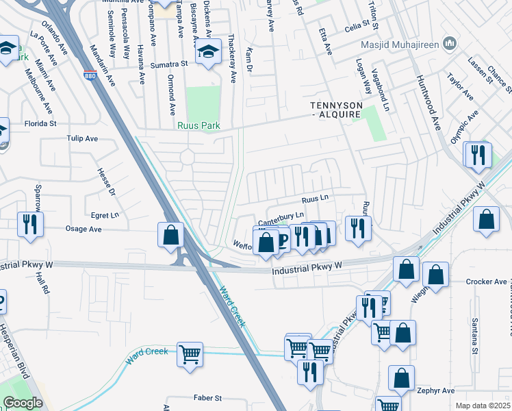 map of restaurants, bars, coffee shops, grocery stores, and more near 1436 Buckingham Way in Hayward