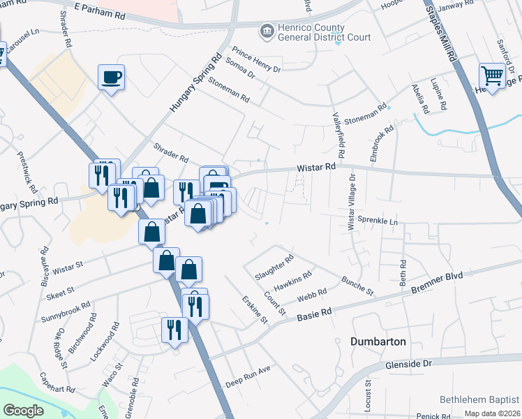 map of restaurants, bars, coffee shops, grocery stores, and more near 7906 Wistar Woods Court in Henrico