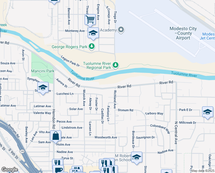 map of restaurants, bars, coffee shops, grocery stores, and more near 1633 River Road in Modesto
