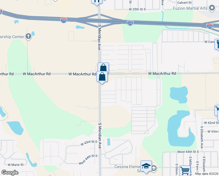map of restaurants, bars, coffee shops, grocery stores, and more near 2101 West MacArthur Road in Wichita