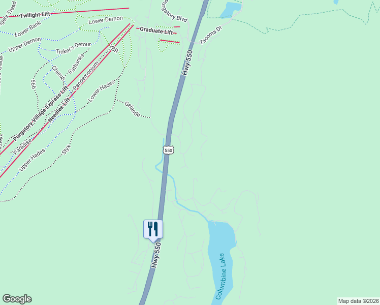 map of restaurants, bars, coffee shops, grocery stores, and more near 250 Sultan Drive in Durango