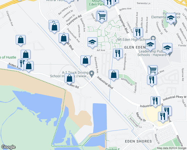 map of restaurants, bars, coffee shops, grocery stores, and more near 2943 Baumberg Avenue in Hayward