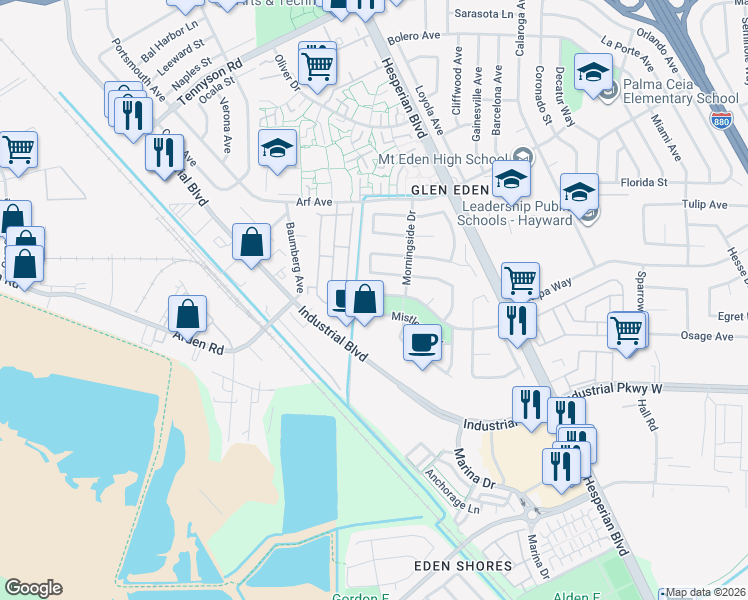 map of restaurants, bars, coffee shops, grocery stores, and more near 2496 Mistletoe Drive in Hayward