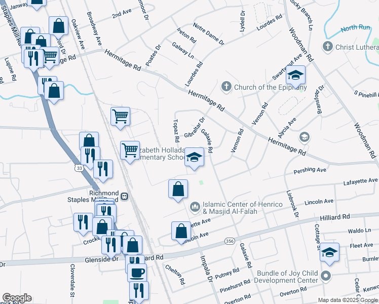map of restaurants, bars, coffee shops, grocery stores, and more near 7107 Galax Road in Richmond