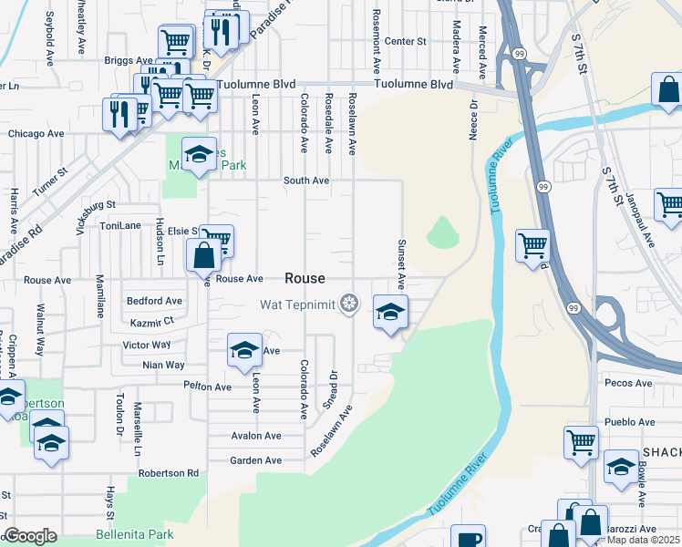 map of restaurants, bars, coffee shops, grocery stores, and more near 909 Rouse Avenue in Modesto