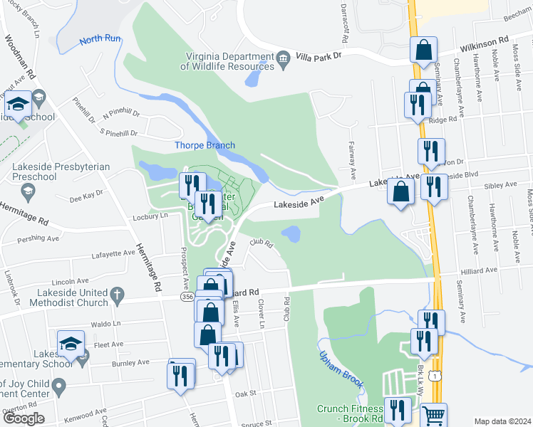 map of restaurants, bars, coffee shops, grocery stores, and more near 1713 Lakeside Avenue in Richmond