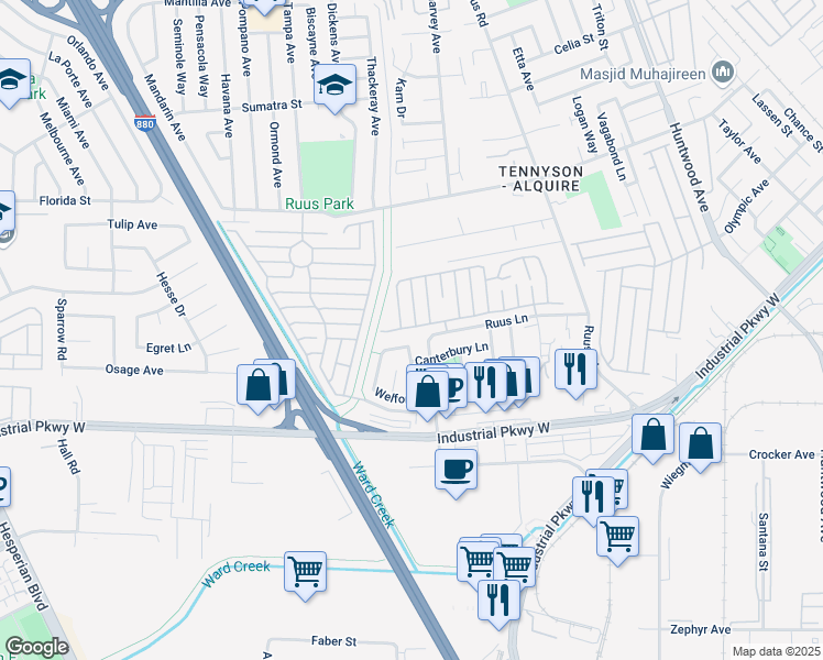 map of restaurants, bars, coffee shops, grocery stores, and more near 1436 Buckingham Way in Hayward