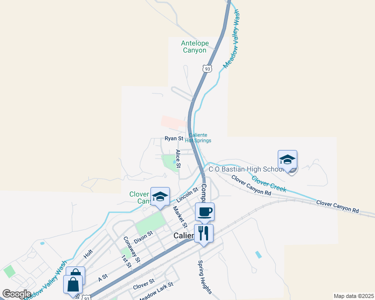 map of restaurants, bars, coffee shops, grocery stores, and more near North Spring Street in Caliente