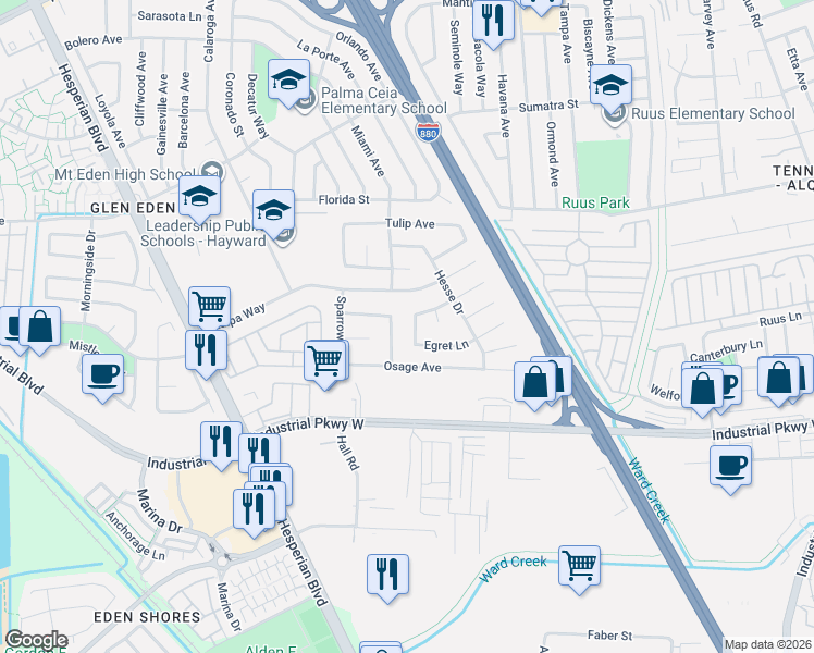 map of restaurants, bars, coffee shops, grocery stores, and more near 1860 Catalpa Way in Hayward