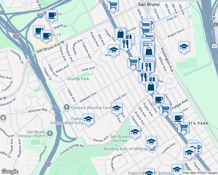 map of restaurants, bars, coffee shops, grocery stores, and more near 1092 Jenevein Avenue in San Bruno