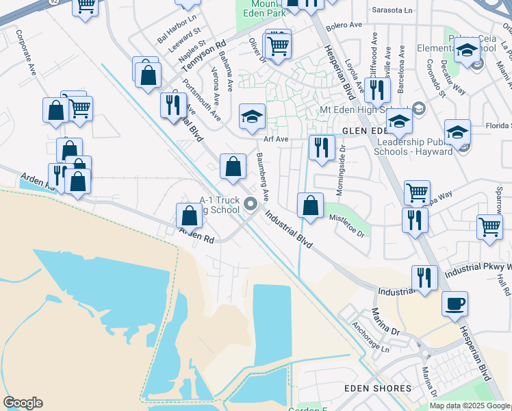 map of restaurants, bars, coffee shops, grocery stores, and more near 2943 Baumberg Avenue in Hayward