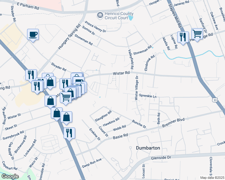 map of restaurants, bars, coffee shops, grocery stores, and more near 4519 Wistar Woods Trail in Henrico