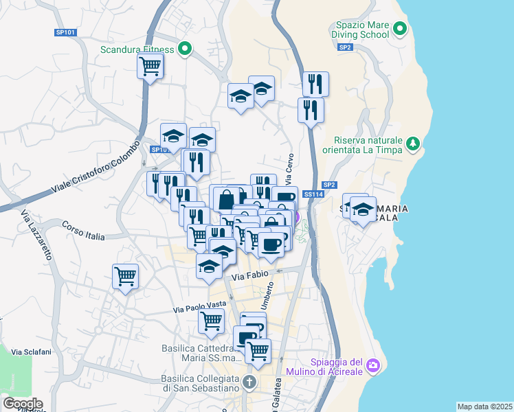 map of restaurants, bars, coffee shops, grocery stores, and more near 70 Viale Principe Amedeo in Acireale