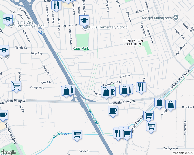 map of restaurants, bars, coffee shops, grocery stores, and more near 1447 Buckingham Way in Hayward