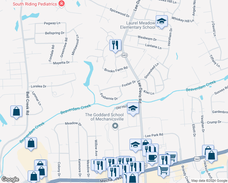 map of restaurants, bars, coffee shops, grocery stores, and more near 7102 Foxbernie Circle in Mechanicsville