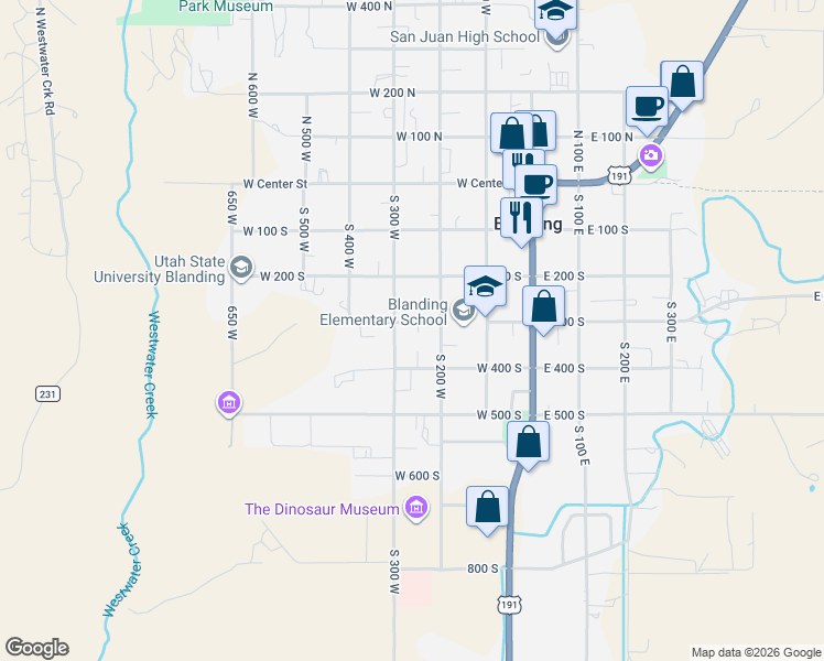 map of restaurants, bars, coffee shops, grocery stores, and more near 259 West 300 South in Blanding