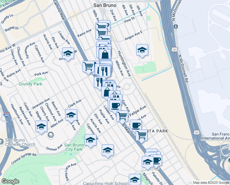 map of restaurants, bars, coffee shops, grocery stores, and more near 340 Taylor Avenue in San Bruno