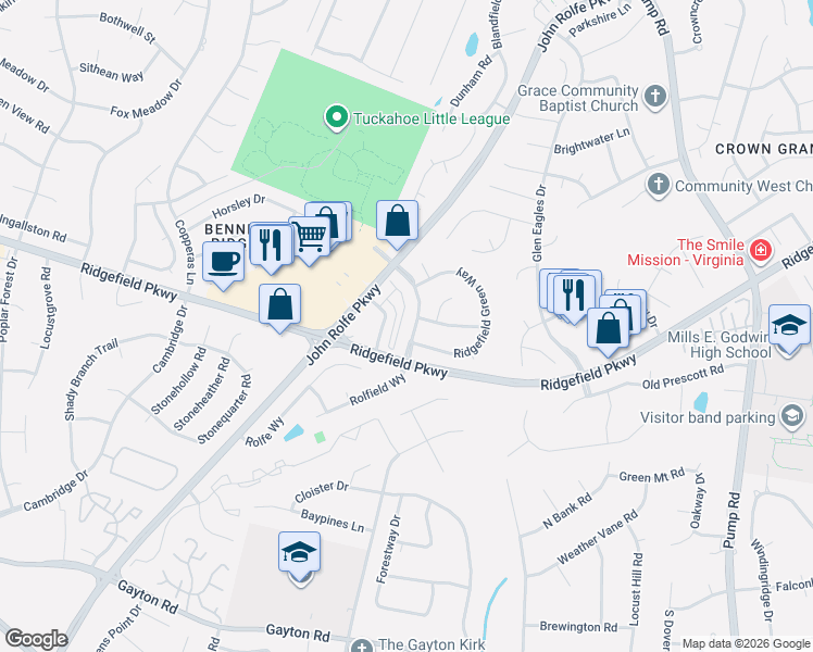 map of restaurants, bars, coffee shops, grocery stores, and more near 2106 Perennial Circle in Henrico