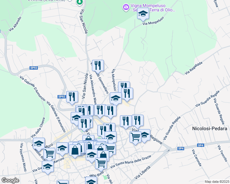 map of restaurants, bars, coffee shops, grocery stores, and more near 15 Via Monpeluso in Nicolosi