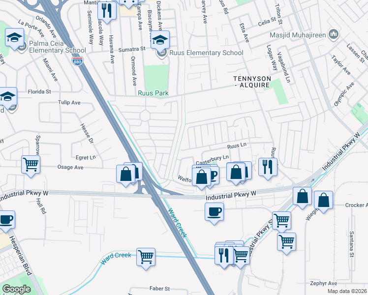 map of restaurants, bars, coffee shops, grocery stores, and more near 1447 Buckingham Way in Hayward