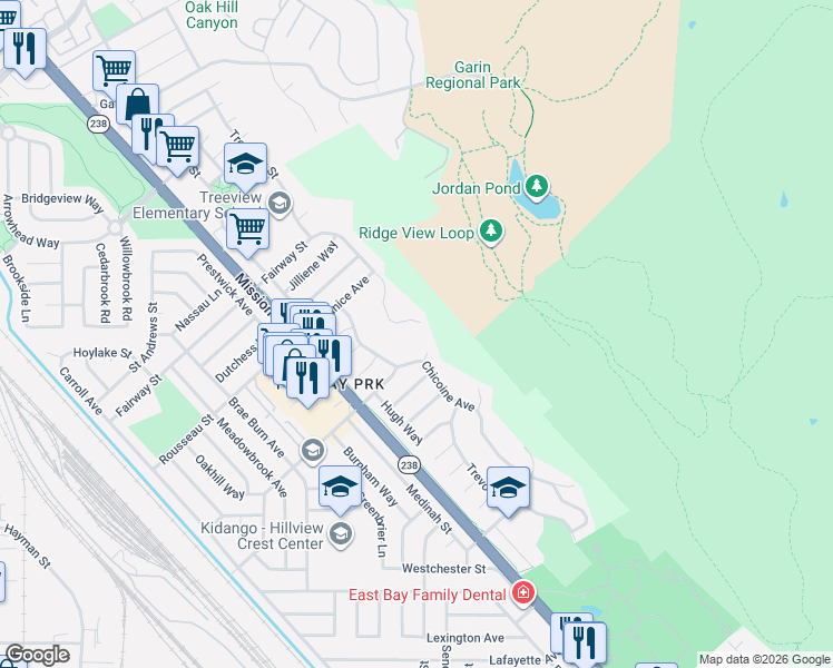 map of restaurants, bars, coffee shops, grocery stores, and more near 31204 Faircliff Street in Hayward