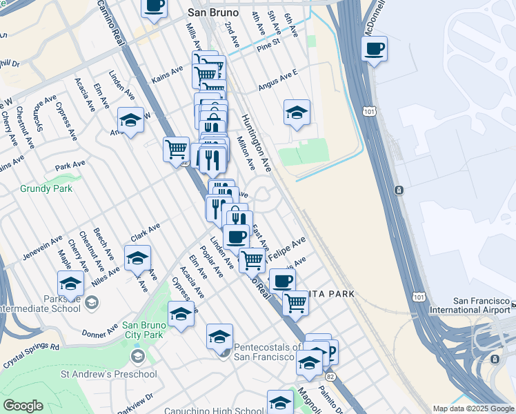 map of restaurants, bars, coffee shops, grocery stores, and more near 340 Taylor Avenue in San Bruno