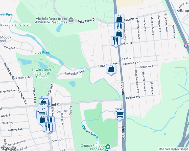 map of restaurants, bars, coffee shops, grocery stores, and more near 1601 Lakeside Avenue in Richmond