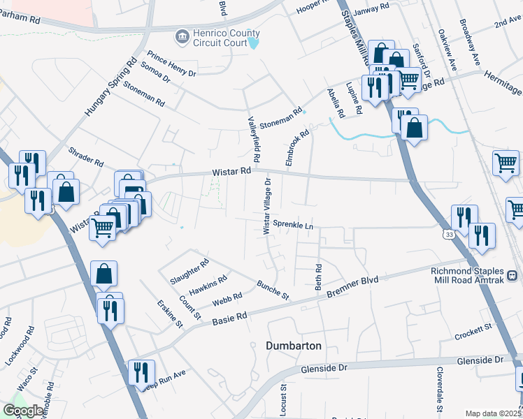 map of restaurants, bars, coffee shops, grocery stores, and more near 7802 Wistar Village Drive in Richmond