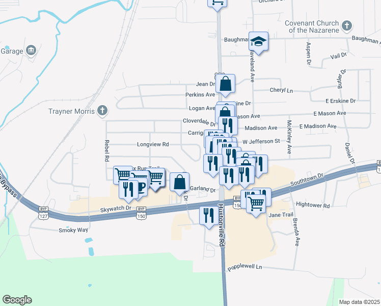 map of restaurants, bars, coffee shops, grocery stores, and more near 423 Longview Road in Danville