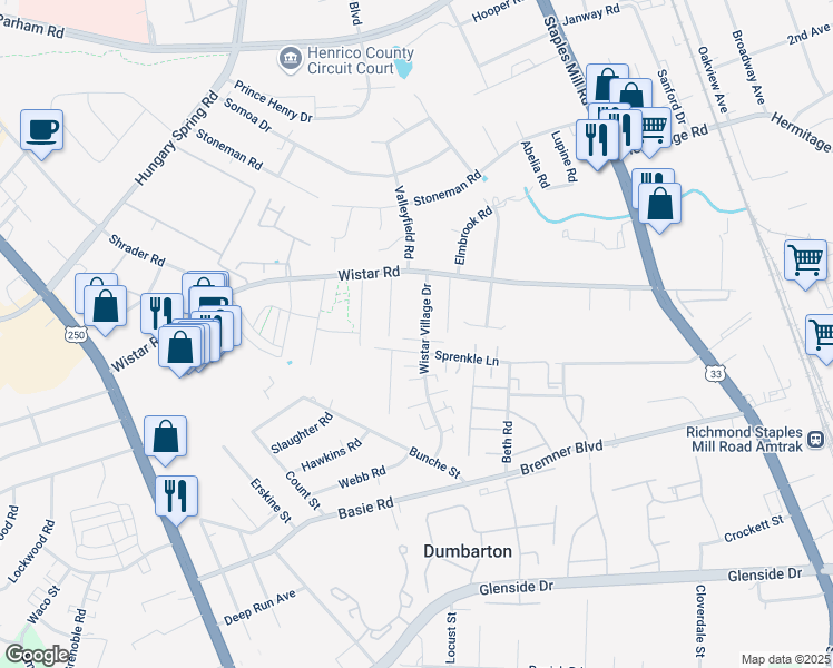 map of restaurants, bars, coffee shops, grocery stores, and more near 7802 Wistar Village Drive in Richmond