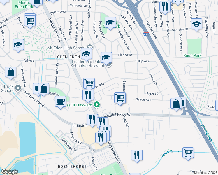 map of restaurants, bars, coffee shops, grocery stores, and more near 2268 Bridwell Way in Hayward