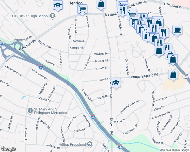 map of restaurants, bars, coffee shops, grocery stores, and more near 7523 Comet Road in Richmond