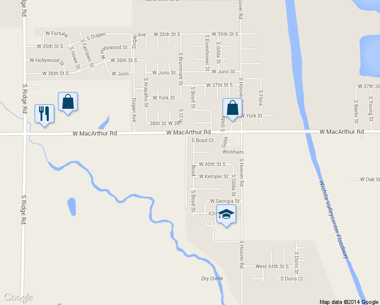 map of restaurants, bars, coffee shops, grocery stores, and more near Boyd in Wichita