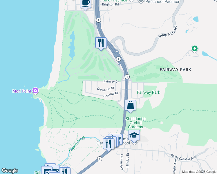 map of restaurants, bars, coffee shops, grocery stores, and more near 376 Fairway Drive in Pacifica