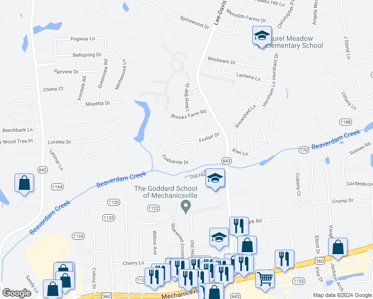 map of restaurants, bars, coffee shops, grocery stores, and more near 7097 Foxbernie Circle in Mechanicsville